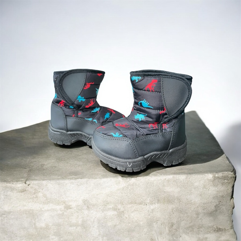 Kids Black Winter Boots with Red & Teal Dino Print